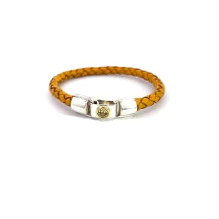 Lederarmband mit Verschluss aus Silber mit gelben Beryll rund facettiert 5 mm, Fassung aus 18 Karat Gold, Botho Nickel Schmuck Hamburg Juwelieren Goldschmiede