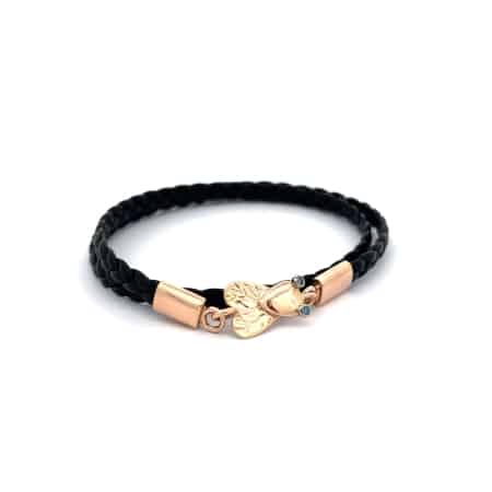 Armband aus Leder mit Botho Nickel Fliege Verschluss aus 18 Karat Gelbgold und blauen beh. Brillanten, Botho Nickel Schmuck Hamburg, Juwelier und Goldschmiede