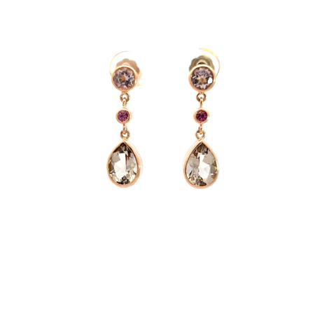 Ohrstecker aus 18 Karat Roségold mit runden Morganiten, Rhodolithen und Rauchquarz-Tropfen