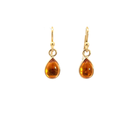 Ohrringe aus 18 Karat Gelbgold mit Mandarin Granat Cabochon Tropfen, Botho Nickel Schmuck Hamburg Juwelier und Goldschmiede