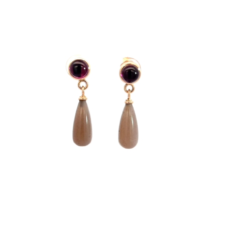 Ohrstecker aus 18 Karat Roségold mit Mondstein und Rhodolith, Botho Nickel Schmuck Hamburg, Juwelier und Goldschmiede