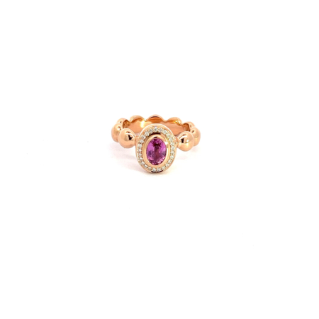 Linsenring aus 18 Karat Roségold mit einem pinken Saphir 7 x 5 mm 1.02 ct. und Brillanten 1mm fw/vs. zus. 0.10 ct.