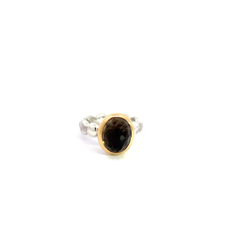 LInsenring aus Silber mit Rauchquarz, Fassung 18 Karat Gold, Botho Nickel Schmuck Hamburg Juwelier und Goldschmiede