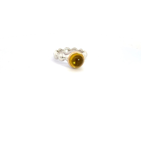Linsenring aus Silber mit gelben Beryll (Goldberyll) Cabochon 9 mm, 3.11 ct. Fassung aus 18 Karat