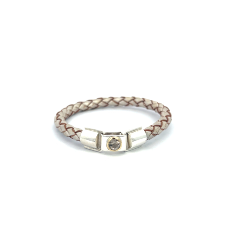 Lederarmband mit Verschluss aus Silber mit Rauchquarz rund facettiert 5 mm, Fassung aus 18 Karat Gold, Botho Nickel Schmuck Hamburg Juwelieren Goldschmiede