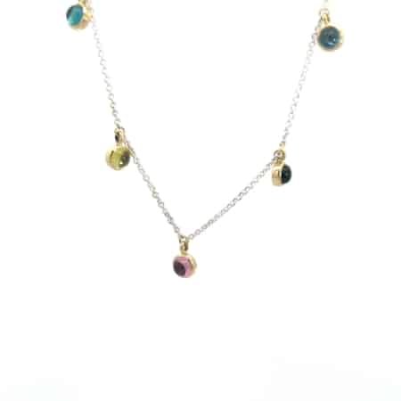 Kette aus Silber mit fünf runden Turmalin-Cabochons (je 5 mm) und einem Citrin-Cabochon (5 mm), Fassung aus 18 Karat Gold, Botho Nickel Schmuck Hamburg Juwelier und Goldschmiede